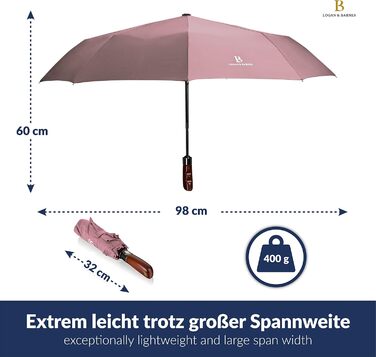 Штормова складна парасолька LOGAN & BARNES до 140 км/год, дерев'яна ручка, тефлон, модель Dublin (ніжно-рожева)