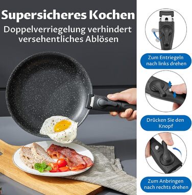 Набір антипригарних сковорідок BEZIA з знімними ручками, для всіх типів плит, з антипригарним покриттям, можна мити в посудомийній машині та використовувати в духовці, без PFAS, чорний