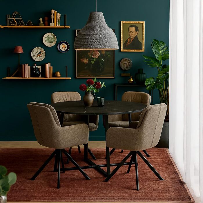 Стіл обідній DUBI Möbel NOA, круглий, 110x110 см, для кухні/їдальні, індустріальний стиль, бетонний вигляд, чорний мармур