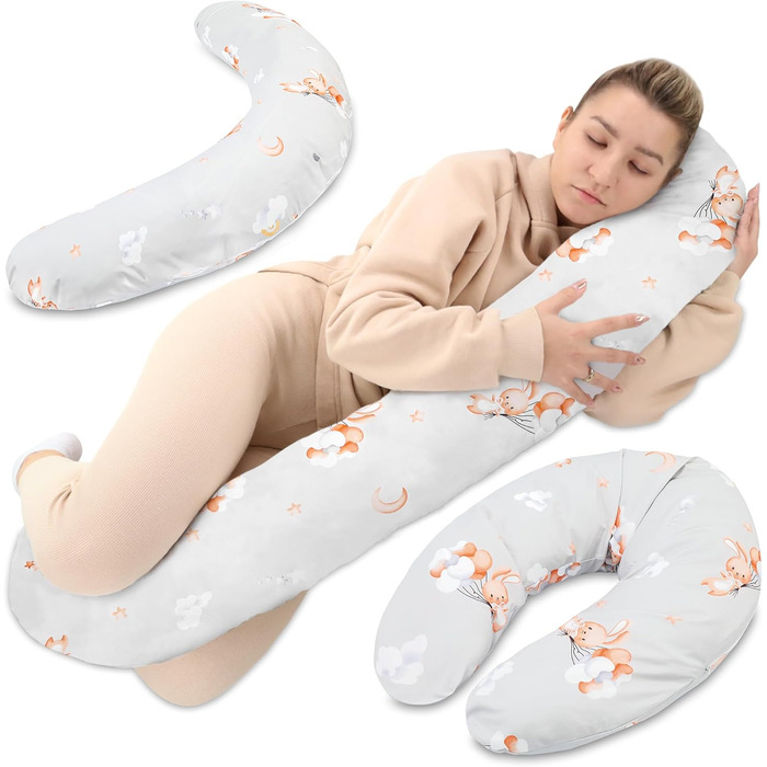 Подушка для вагітних Totsy Baby XXL (190 см) - подушка для сну та підтримки тіла, бавовна Oeko-Tex, бежевий колір з білими зірками