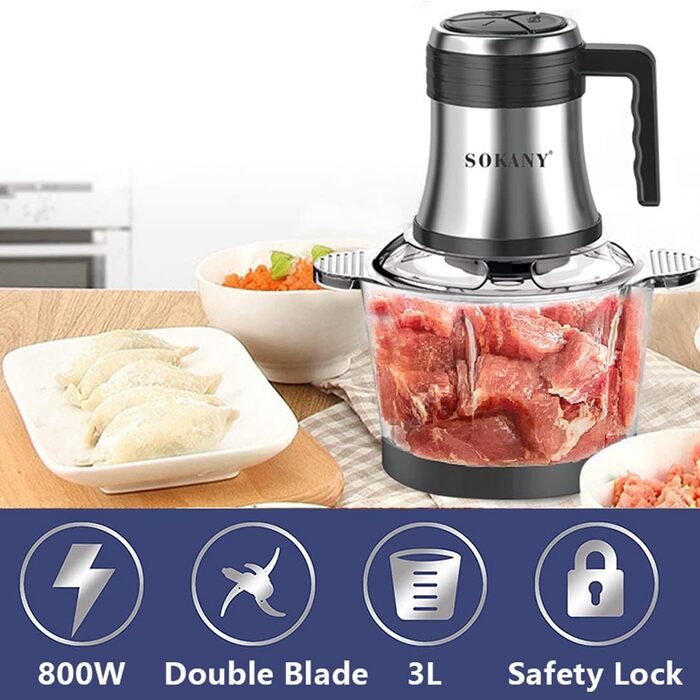 М'ясорубка-подрібнювач Sokany 800W з чашею 3л з нержавіючої сталі, електричний мультиподрібнювач з 2 швидкостями для м'яса, овочів, фруктів