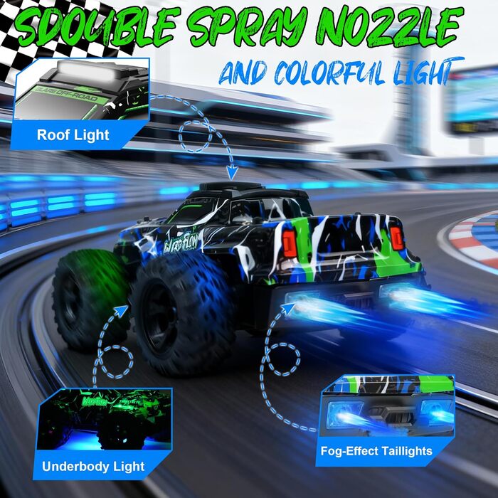 Радіокерований позашляховик BAZADER 1:18 з LED підсвіткою та розпилювачем води, 25 км/год, 2.4 ГГц, зелений - для хлопчиків від 4 років