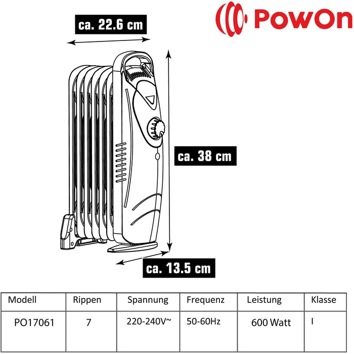 Масляний радіатор PowOn 600 Вт Енергозберігаючий 7 ребер - радіатор 30x14x38 Електричний електричний обігрівач Енергозберігаючий радіатор Електричний енергозберігаючий електричний радіатор Електричні обігрівачі Масляні радіатори