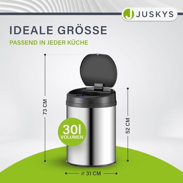 Відро для сміття Juskys з датчиком руху, 30 л, сріблястого кольору - нержавіюча сталь, з кришкою-кліпсою для пакетів