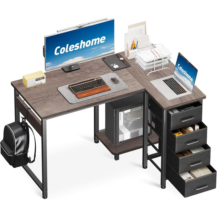 Комп'ютерний кутовий стіл Coleshome 120x70 см з 4 шухлядами, сірий, для офісу/кабінету/спальні