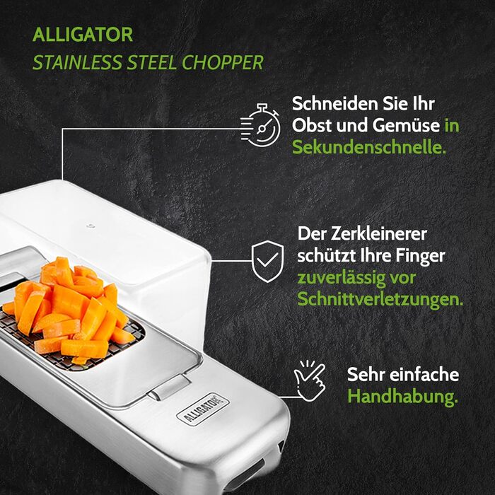Подрібнювач для овочів ALLIGATOR 3094 з нержавіючої сталі з контейнером - для овочів, цибулі та картоплі фрі - 3 змінні леза (3x3 мм, 6x6 мм, 12x12 мм) - Без BPA