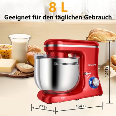 Кухонна машина AUMATE 1400W, 8 л, з міксером, гаком для тіста та вінчиком (червона)