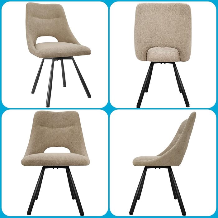 Обідні стільці поворотні 4 шт., 180° обертання, м'яка тканина кашмір-бавовна, чорні металеві ніжки, для кухні, вітальні, їдальні, хакі, 4 шт.