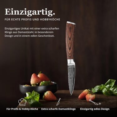 Ніж Wakoli EDIB офісний з дамаської сталі (серцевина VG10), 8,5 см - гострий та компактний. Підходить для кухні, фруктів та овочів. Дамаський ніж з ручкою з паккавуду в подарунковій коробці.