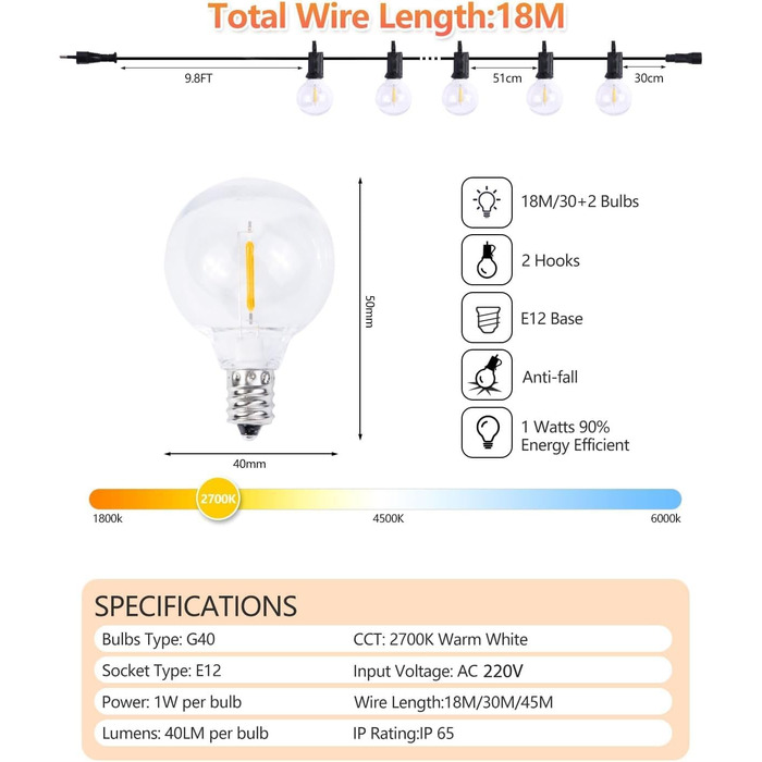 Світлодіодні струнні світильники для вулиці/приміщення, 2700K теплий білий IP65, G40 для саду, патіо, весіль, вечірок (18M)
