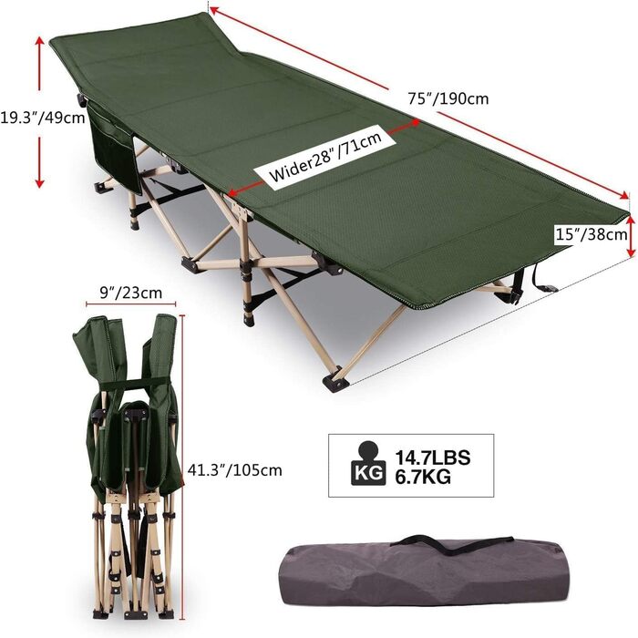 Розкладне кемпінгове ліжко REDCAMP XXL, посилене складане ліжко для кемпінгу та відпочинку, ширина 71 см, витримує до 226 кг, сірий/зелений/чорний