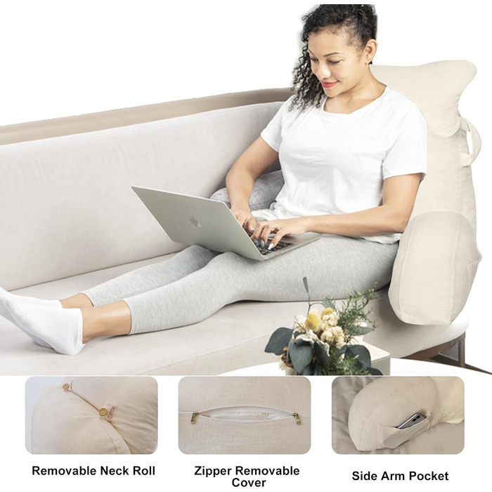 Лежак для читання в ліжко/крісло, подушка для спини з кишенями, для дорослих, для відпочинку, читання, перегляду телевізора, ігор (Бежевий)