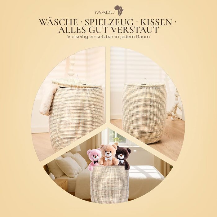 Кошик для білизни YAADU з кришкою - великий (XXL), африканський кошик для збору білизни, кошик для прання, білий/плоский