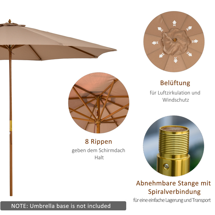Outsunny Parasol Wood 300 см Дерев'яна парасолька Садова парасолька Балконна парасолька бамбук хакі