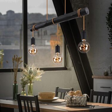 Підвісний світильник Globo Обідній стіл Підвісний світильник Чорний світильник для вітальні Сучасний, дерев'яний світильник 3-світлова мотузка регулюється по висоті, металевий, 3 шт. E27 Цоколь, ДхШхВ 60x5x120 см