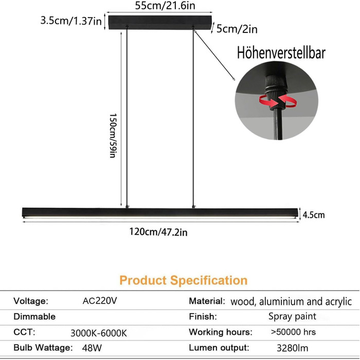 Світлодіодний підвісний світильник з можливістю затемнення чорний, 48 Вт регулюється по висоті для їдальні/кухні/офісу, 120