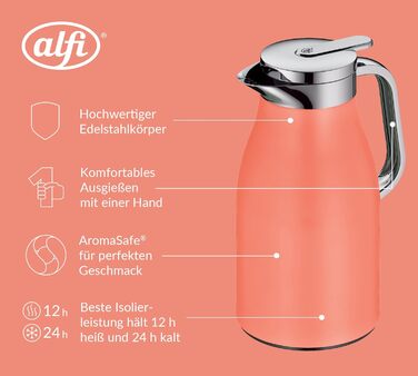 Термос Alfi SKYLINE 1.0л, пастельний колір, нержавіюча сталь, з термоізоляцією, гігієнічний вкладиш з термостійкого скла, поворотний замок з зручною кнопкою, ергономічна ручка, ідеальний для кави та чаю, без BPA (1000 мл, Deep Apricot Mat)