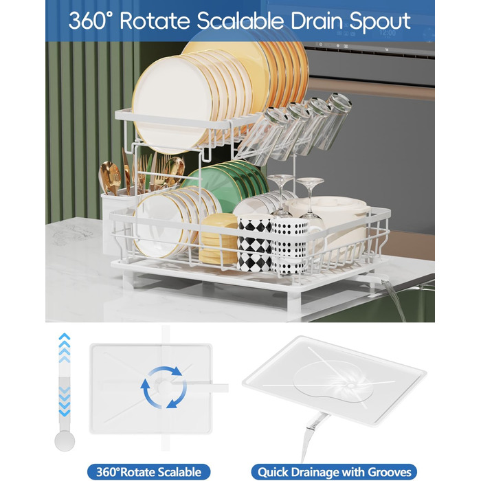 Сушарка для посуду LIONONLY, 2-рівнева сушарка для посуду з піддоном для крапель, сушарка з нержавіючої сталі з тримачем для посуду, підстаканник і поворотний носик, посуд Сушарка для посуду Кухня (біла, велика)