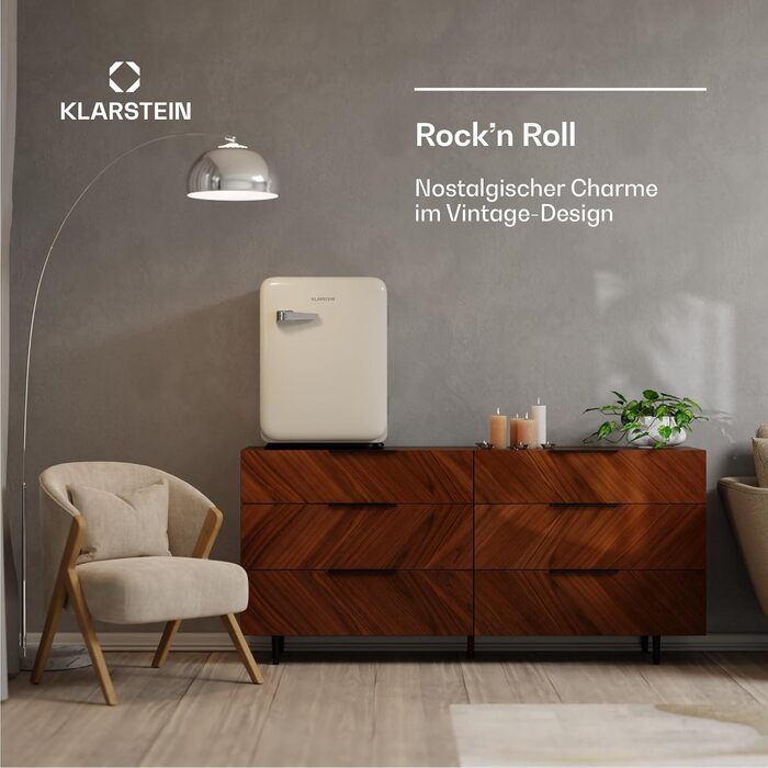 Міні-холодильник Klarstein Audrey Evo 68L: Ретро-дизайн, 40 dB, Компресор, Регульовані ніжки, Двері що відкриваються в обидва боки, для спальні та офісу, Кремовий колір, 68 л, Клас енергоефективності E