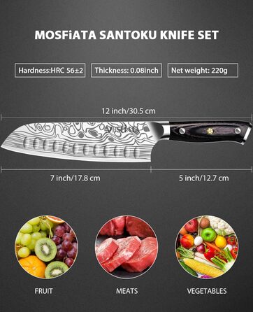 Ніж кухарський MOSFiATA Santoku, професійний ніж для кухні, універсальний ніж з нержавіючої сталі, дуже гостре лезо, з подарунковою коробкою 7
