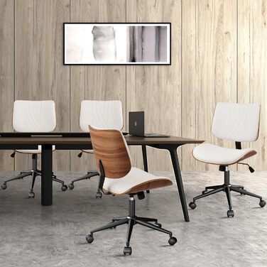 Крісло офісне без підлокітників Clatina з роликами, регульоване по висоті, шкіряне, поворотне, для комп'ютера, середньою спинкою, сучасний стиль горіхового дерева, для home office, робочого кабінету, конференц-залу, біле (білий, набір 4 шт.)