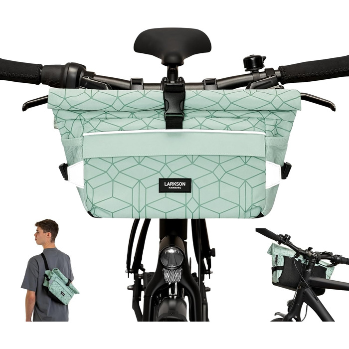 Сумка на кермо LARKSON Bicycle Green - Lasse - 2 в 1 Сумка через плече - Велосипедна сумка для передньої частини керма з відображенням - водовідштовхувальний м'ятний візерунок