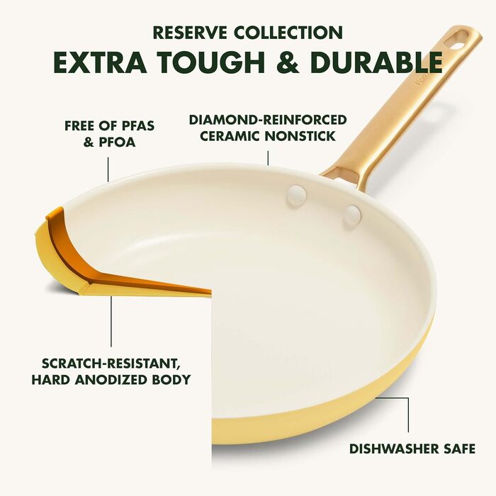 Набір сковорідок GreenPan Hartelox з антипригарним покриттям Ceramic, 25.4 см та 30.5 см, золотий ручка, без PFAS, придатні для миття в посудомийній машині, для духовки, колір Sunrise Yellow