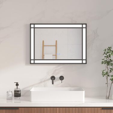 Дзеркало для ванної кімнати AQUABATOS LED з підсвічуванням 50x70 см, імітація вікна, сенсорне регулювання, антизапар, чорний алюмінієвий каркас, індустріальний стиль