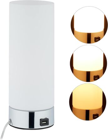 Приліжкова лампа Relaxdays з регулюванням яскравості, кругла настільна лампа з функцією зарядки, USB, сенсорна функція, нічник HxD 29x11 см, білий, 10029507