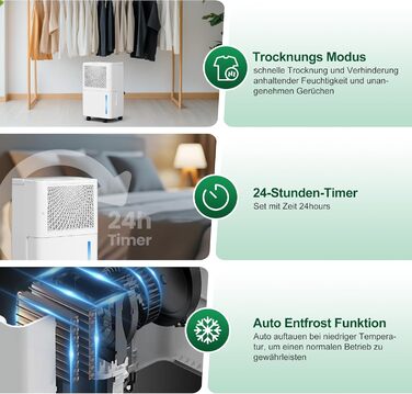 Електричний осушувач повітря PHILODECO 10л/день з режимом сушіння, 2л бак, таймер 24г, автовимкнення, ролики та ручка для підвалу, ванної, спальні