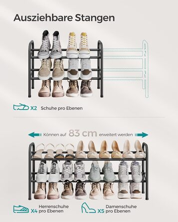 Підставка для взуття, 2 рівні, металева, регульована, для передпокою, гардеробу, вхідної групи, чорнильна чорна (23x58x42см)