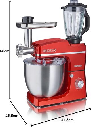 Кухонний комбайн HEINRICHS 3-в-1: міксер, м'ясорубка, кухонний прилад 1500W, 6 швидкостей, 1.5л та 10л чаші (червоний)