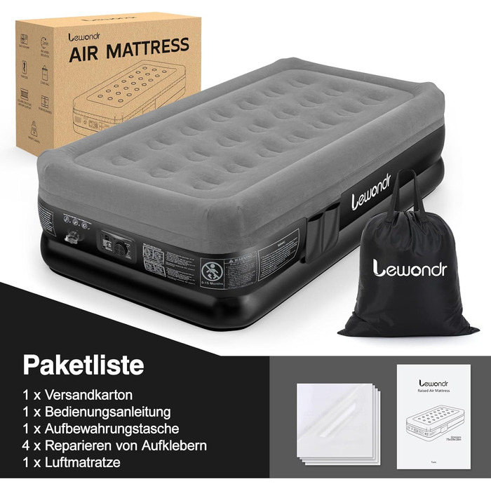 Надувне ліжко Lewondr на 2 особи з вбудованим насосом, 191x99x46 см, сірий, для кемпінгу, дому, гостей, подорожей (250 кг)