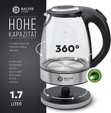 Скляний чайник Balter WK-9-1,7L - 2200 Вт, основа 360, LED, без BPA, нержавіюча сталь, без рівнів температури