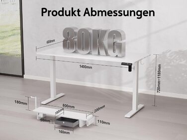 Регульований стіл WALKINGDESK для дому та офісу: електричний, з висувними ящиками, підставкою для монітора та тримачем для телефону (140 x 60 см, білий)