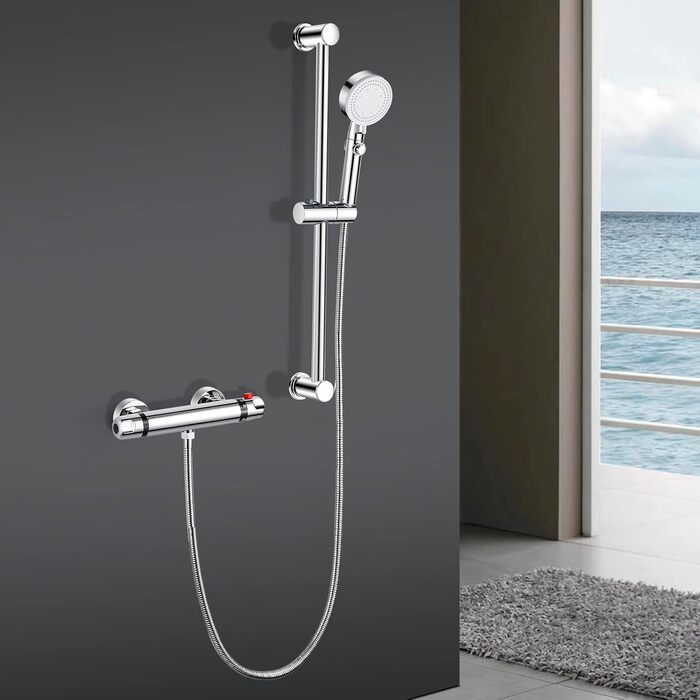 Змішувач для ванни з термостатом, накладний, хром, латунь, з кнопкою безпеки 38°C, для ванни, душ, термостат, водопровідний кран