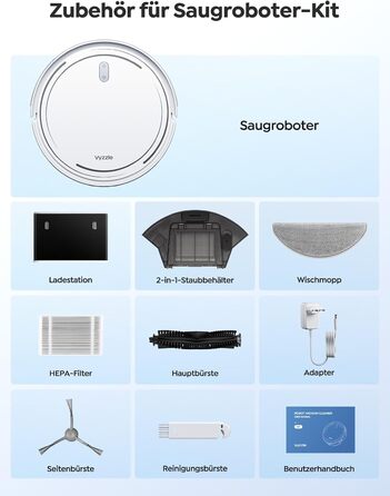 Робот-пилосос Vyzzle 5000Pa з функцією миття, LDS-навігація, D10, керування через додаток/Alexa, для шерсті тварин, килима, твердих підлог, білий