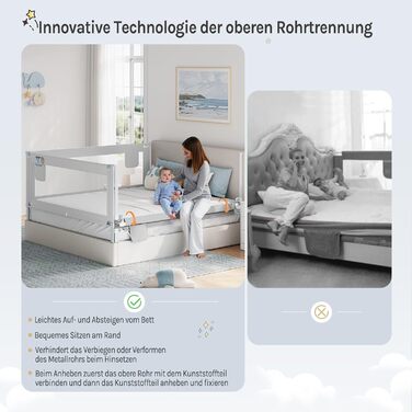 Бортик для ліжка WOLTU 150 см, захисний бортик для дітей та немовлят, висота регулюється 69-87 см, тканина Оксфорд, металевий каркас, світло-сірий