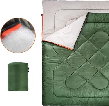 Прямокутний спальний мішок для холодної погоди, кемпінгу та походів, queen size для двох, двоспальний, оливково-зелений
