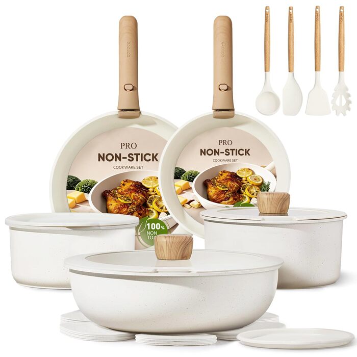 Набір посуду CAROTE 19 предметів, антипригарне покриття, кухонний набір, безпечний для духовки та холодильника, економія місця, універсальний набір, кремовий (19 шт)