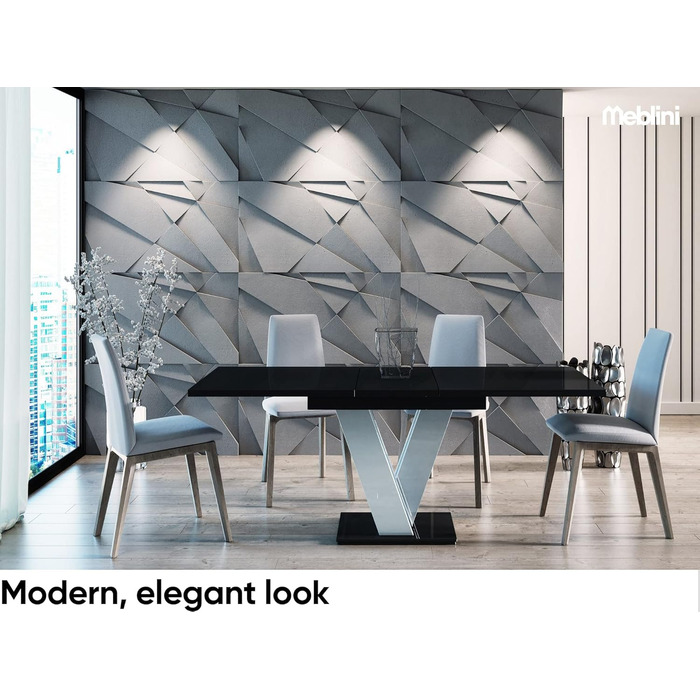 Обідній стіл Meble Line розсувний, сучасний дизайн, 120-160x80x75 см, чорний/білий глянцевий МДФ