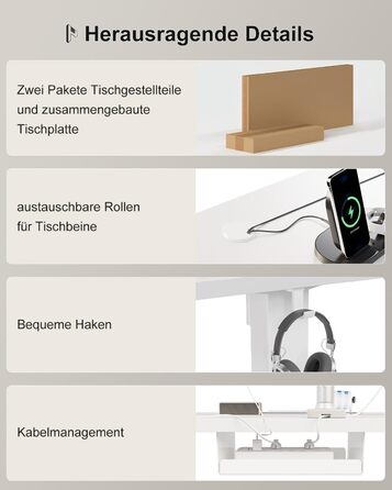 Регульований стіл Homall 200x80 см з USB-портом, електропривод, органайзер для кабелів, пам'ять положень, білий комп'ютерний стіл