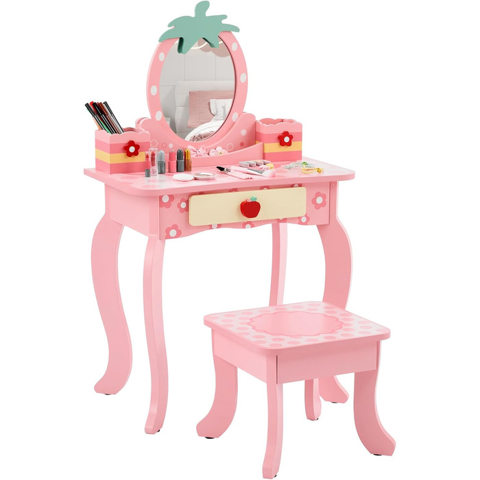 Детский туалетный столик LEADZM с пуфом для девочек, с двумя зеркалами 180°, с ящиком, белый и розовый, для детей 3-9 лет