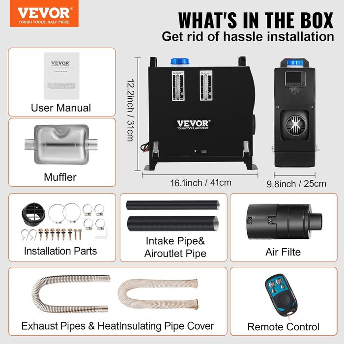 Дизельний обігрівач VEVOR 8 кВт, 12/24V, портативний, з Bluetooth, пультом та LCD-екраном, 5л бак для вантажівок/автобусів/кемперів (чорний)