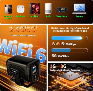 Портативний проєктор Mini Beamer 4K Full HD з 5G WiFi 6, Bluetooth 5.4 та автоматичною корекцією трапецеїдальних спотворень. Підтримка USB/Laptop/PC, з мишкою та пультом дистанційного керування. Чорний (Black-1)