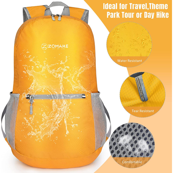 Надлегкий складаний рюкзак ZOMAKE об'ємом 20 л, невеликі рюкзаки, водонепроникний похідний рюкзак, що упаковується рюкзак для жінок і чоловіків, походи на відкритому повітрі (жовтий)