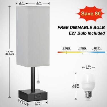 Приліжковий світильник Kakanuo з USB AC, 3 колірні температури, білий тканинний абажур, D-сірий