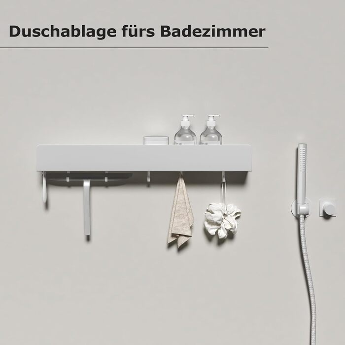 Поличка для душу REKITA без свердління, органайзер для ванної кімнати 40 см, поличка з нержавіючої сталі з 4 знімними гачками, тримач для шампуню для душу, настінна поличка, органайзер для ванної кімнати (Білий-60 см)