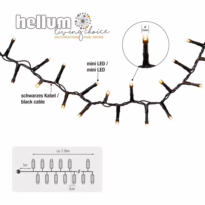 Світлодіодна гірлянда hellum Cluster 7,38 м, 370 LED, тепле біле світло, з таймером, для вулиці та приміщень, електрична, для ялинки, з кабелем