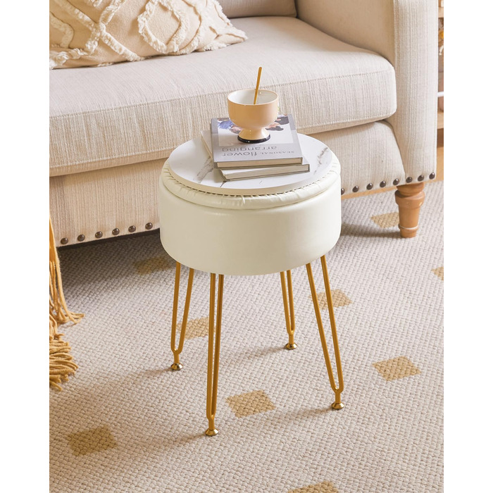 Пуф з м'якою оббивкою та місцем для зберігання IBUYKE, білий, з металевими ніжками, знімний чохол